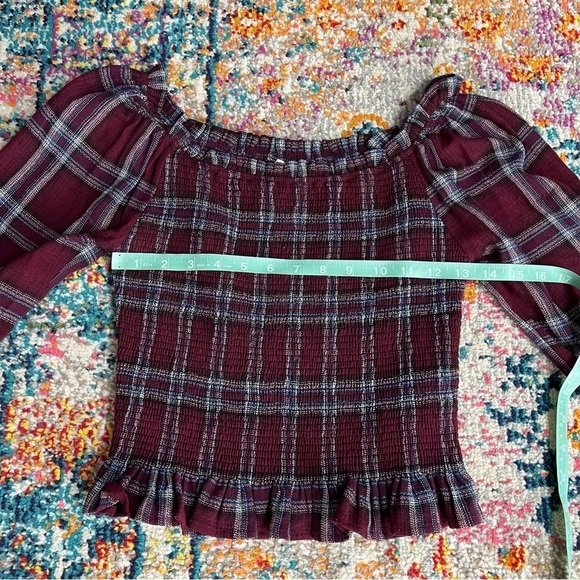 Moon River Plaid Red Purple Smocked‎ Off Shoulder Crop Top - Picture 7 of 11